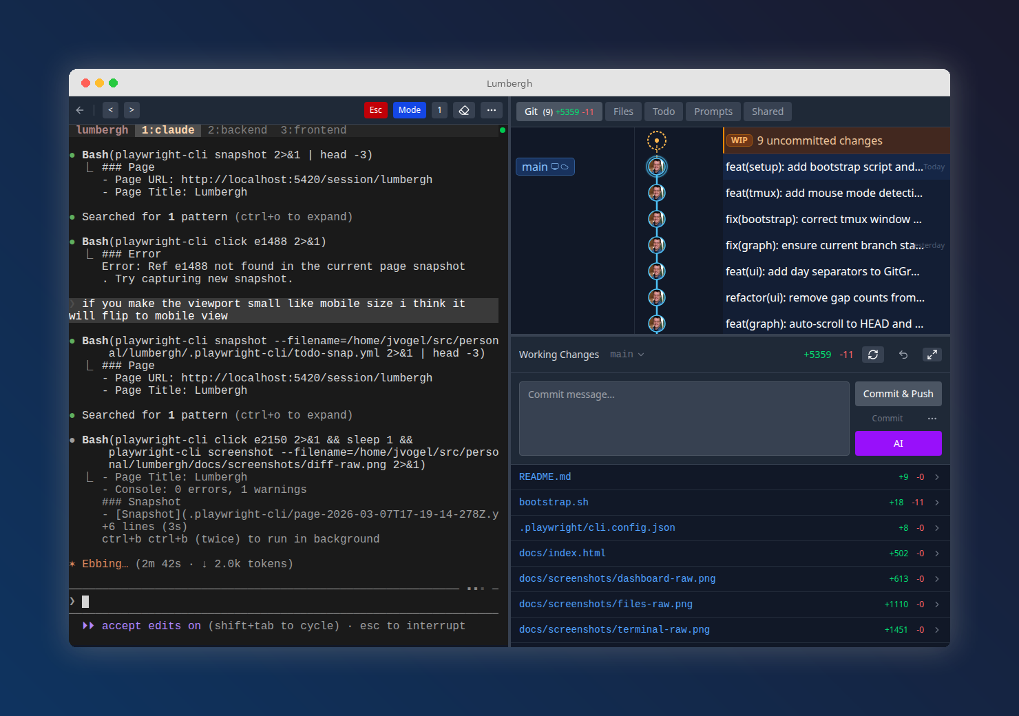Git diff viewer showing commits and changes