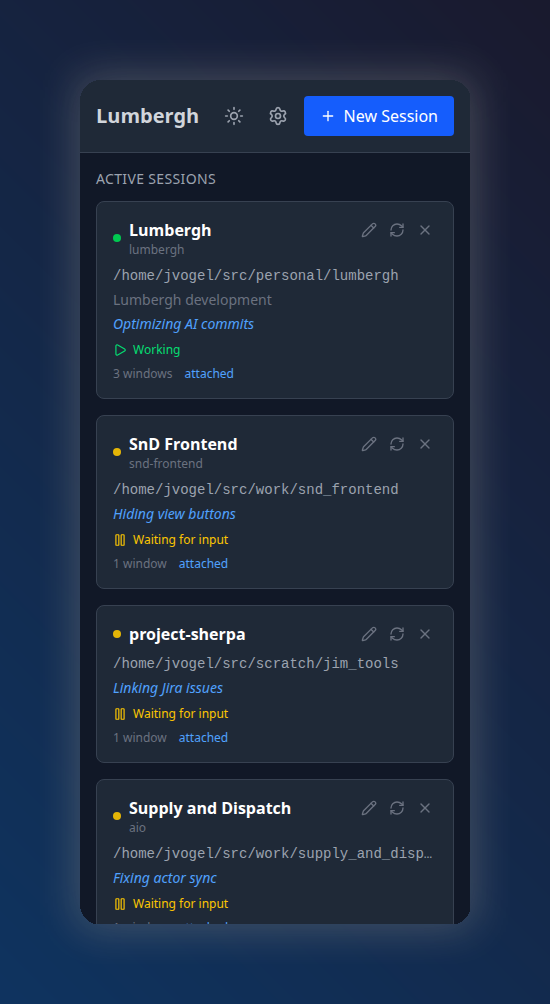 Lumbergh mobile dashboard view