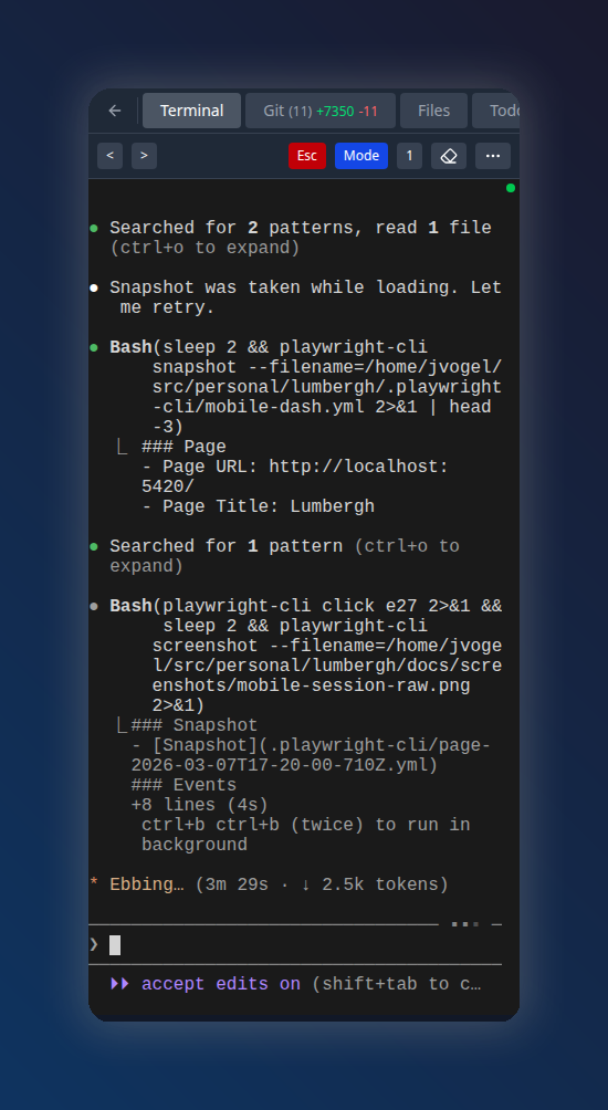 Lumbergh mobile session detail with terminal