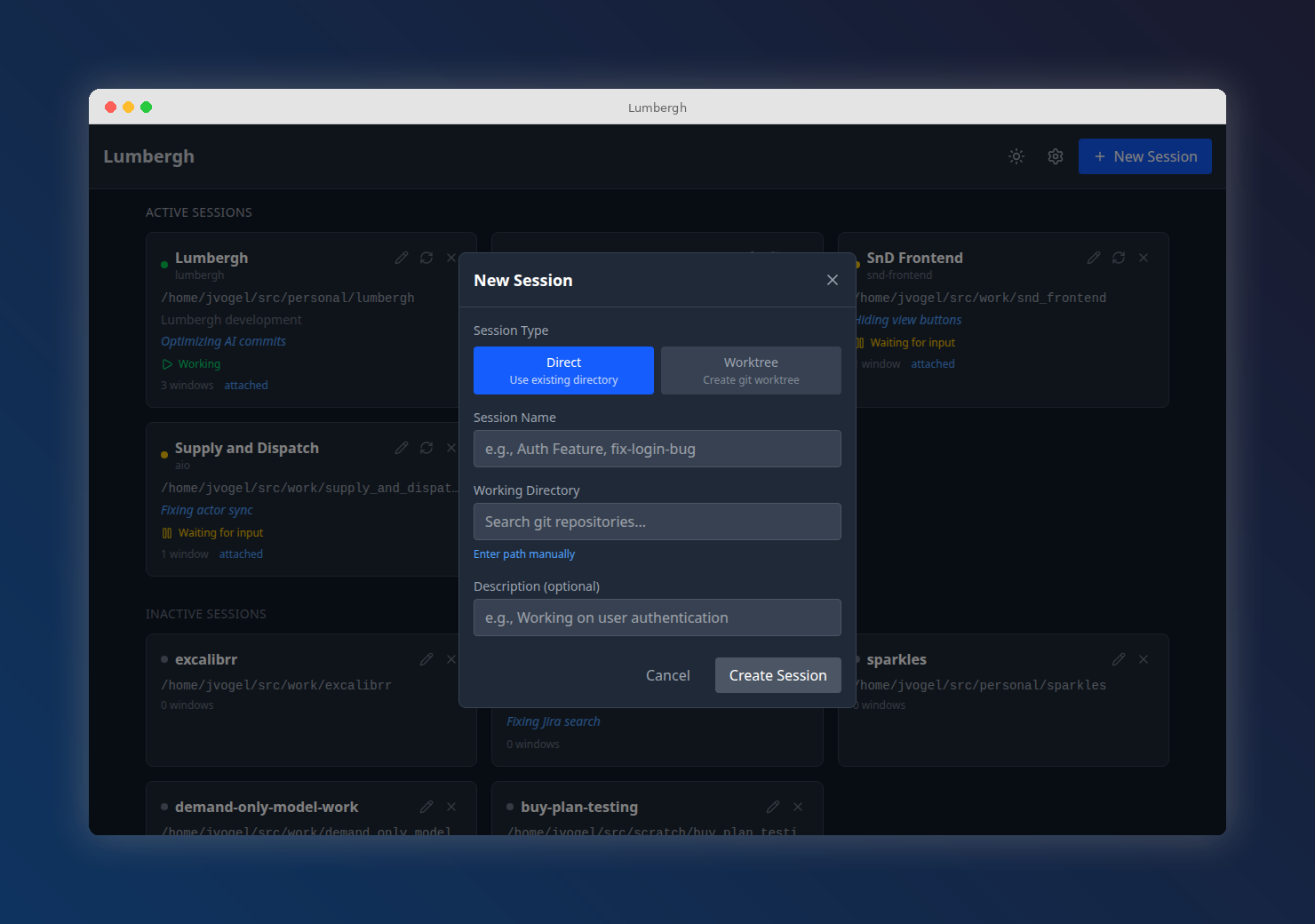 Create new session modal with Direct and Worktree modes