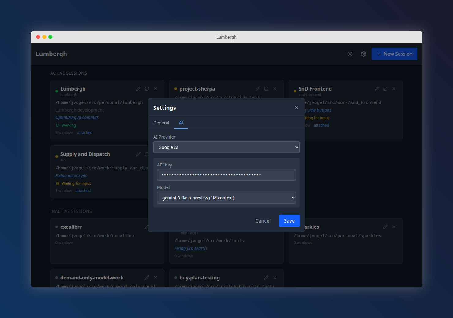AI provider settings with model selection