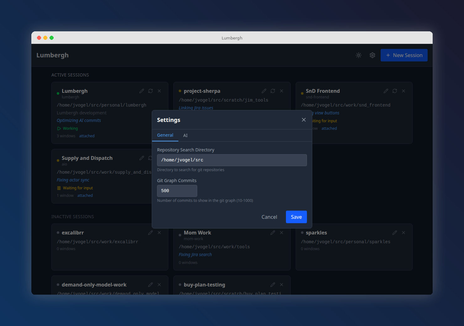 Settings modal showing general configuration