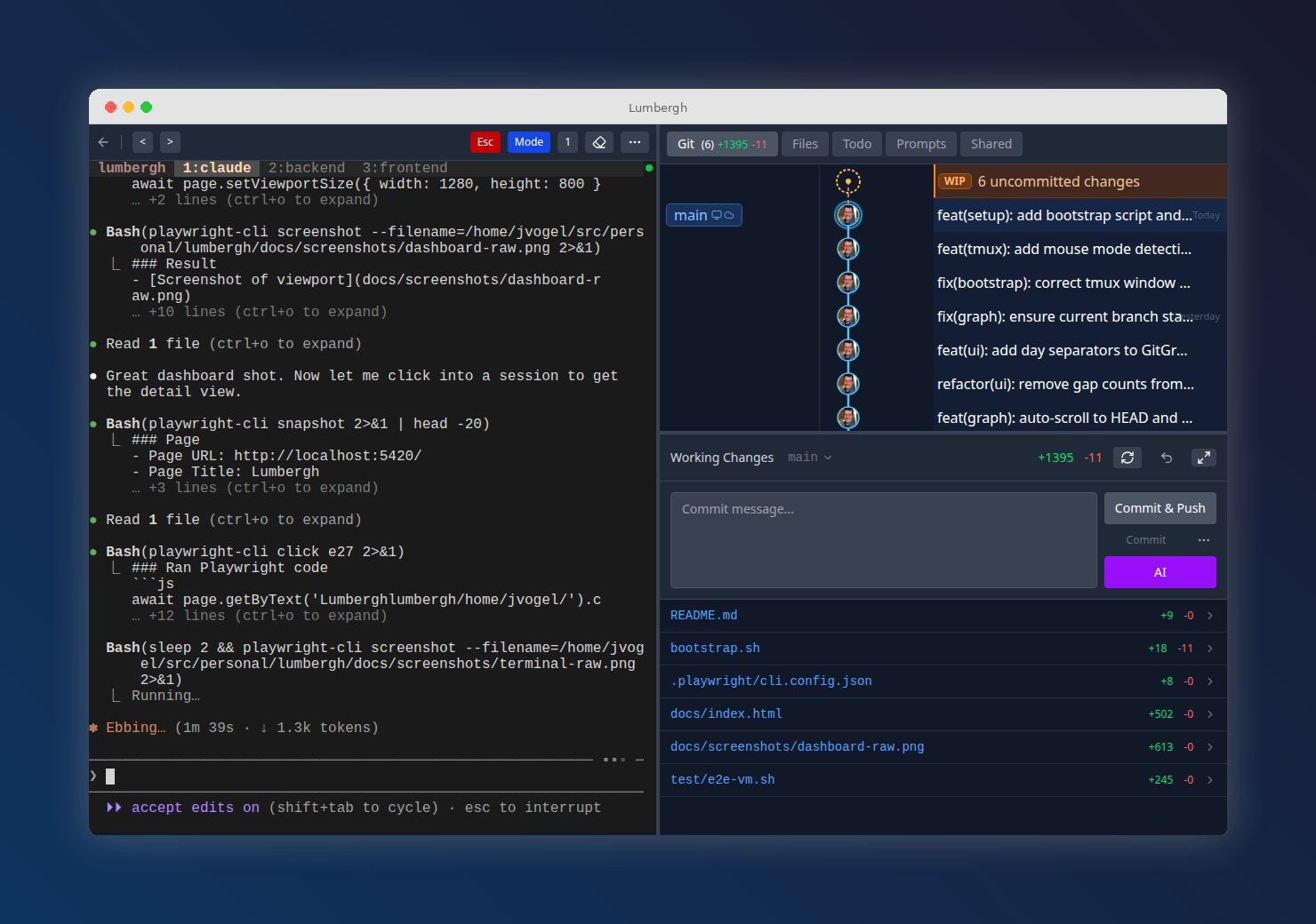 Live terminal with Claude Code session and git diff panel
