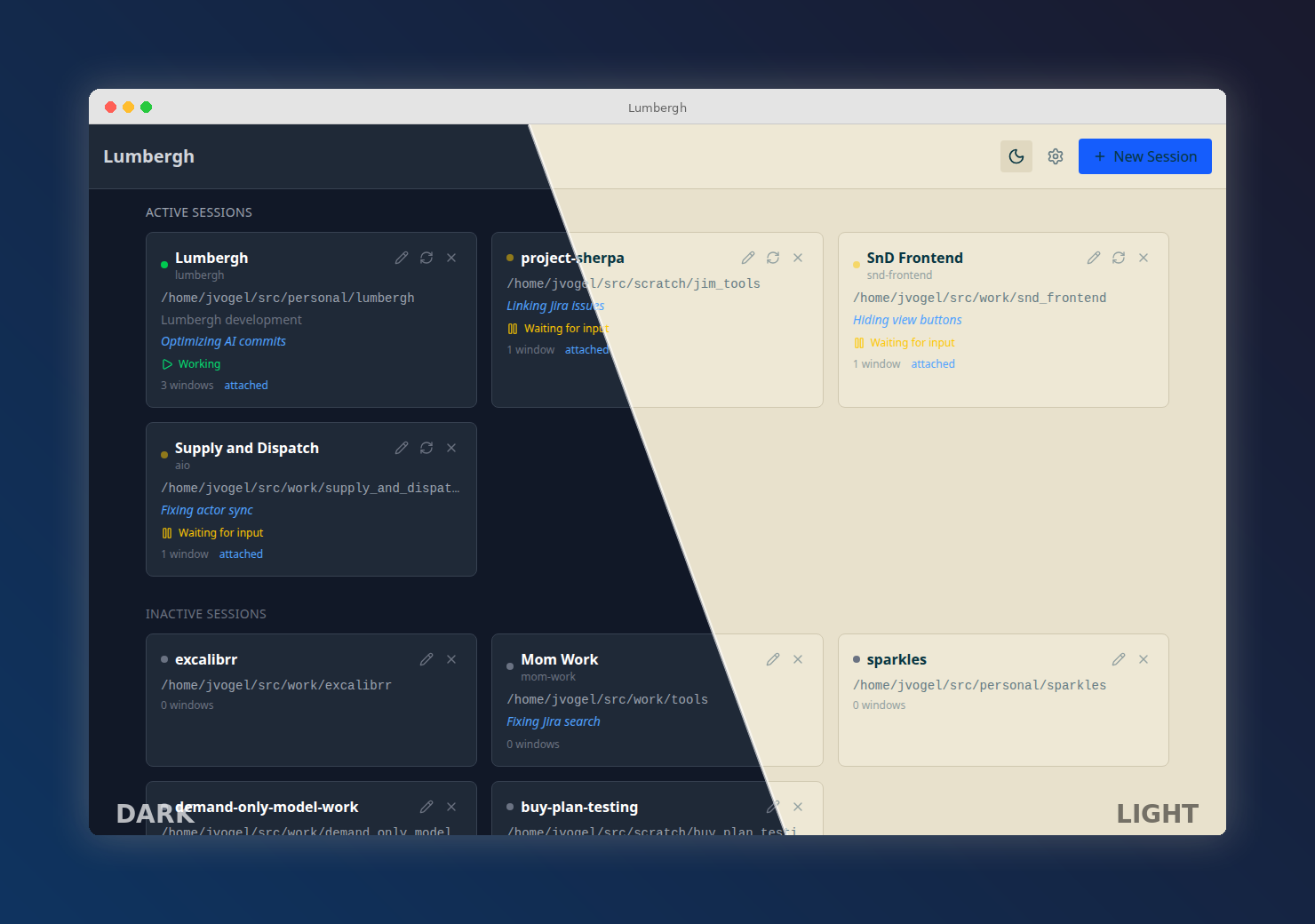 Lumbergh dashboard showing dark mode and light mode side by side